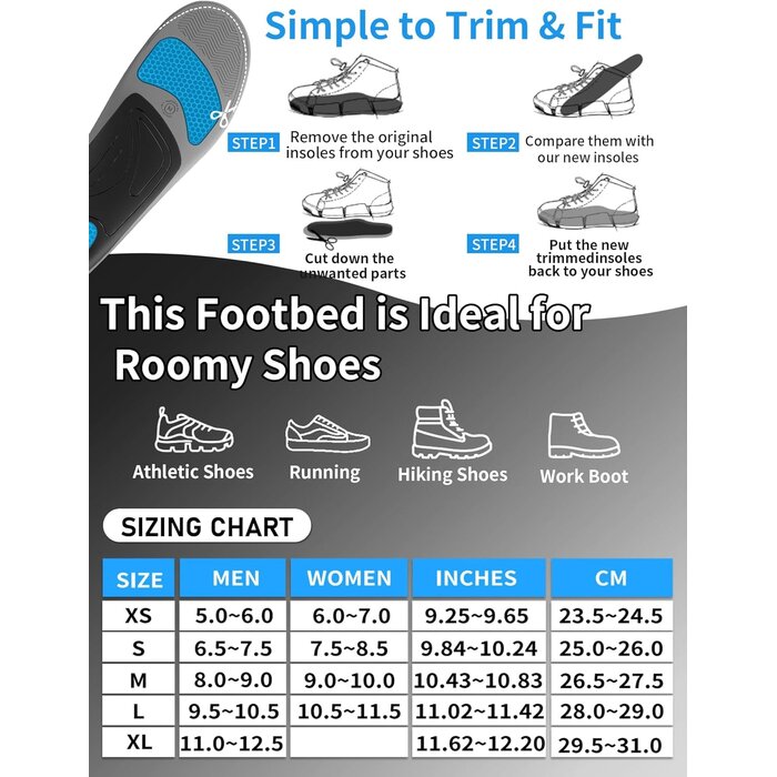 Semelles de Travail Confortables en Gel avec Soutien de la Voûte Plantaire - Anti-Fatigue | Taille M (41-43)