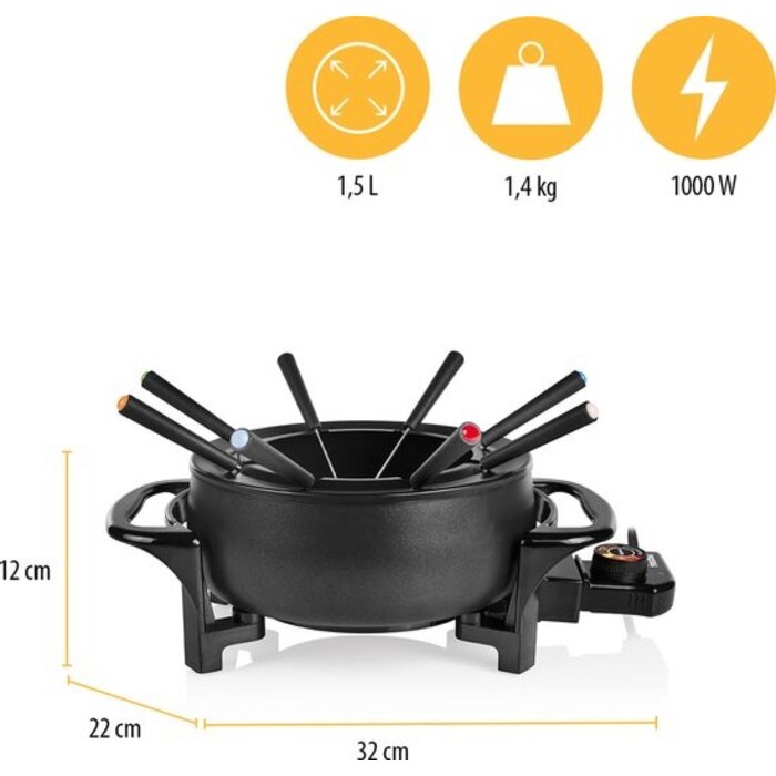 Appareil à fondue électrique, 1000W, 1.5L (8 Personnes) - Noir Mat, Aluminium, avec 8 Fourchettes