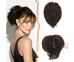 Extension de Queue de Cheval Chignon Désordonné 20cm Cheveux Réels avec Pince, Brun Foncé, Épais Aspect Naturel pour Femmes