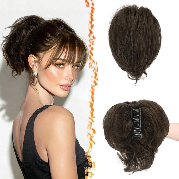 Queue de Cheval / Chignon Désordonné 20cm Cheveux Réels Brun Foncé | Jusqu'à -30%