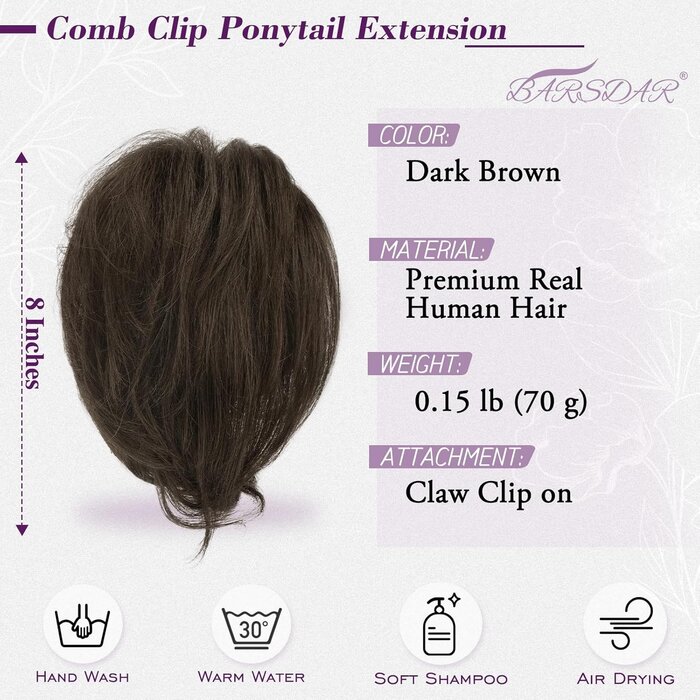 Queue de Cheval / Chignon Désordonné 20cm Cheveux Réels Brun Foncé | Jusqu'à -30%