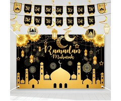 Grande Bannière Ramadan Mubarak Noir - Polyester et Carton - 180x110 cm