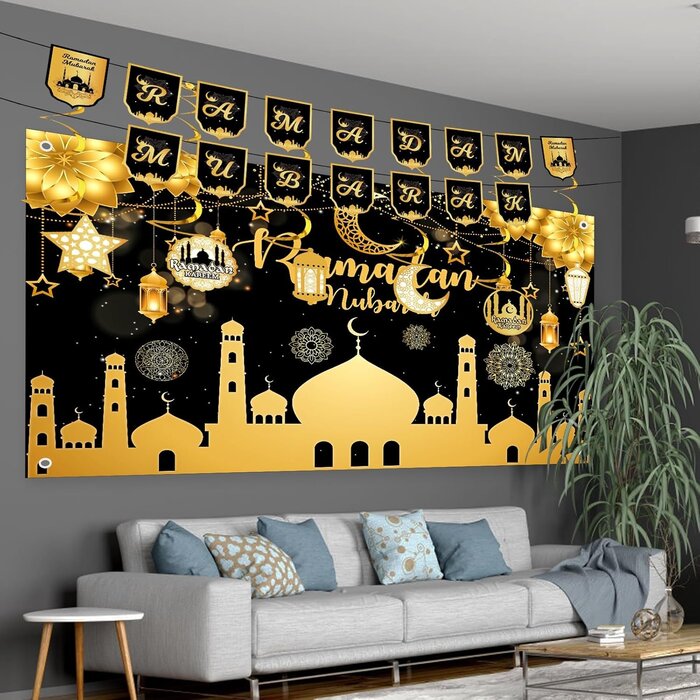 Grande Bannière Ramadan Mubarak Noir - Polyester et Carton - 180x110 cm