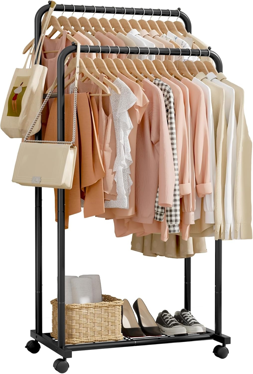 Portant à vêtements noir à roulettes + étagère - Jusqu'à 30% de réduction !
