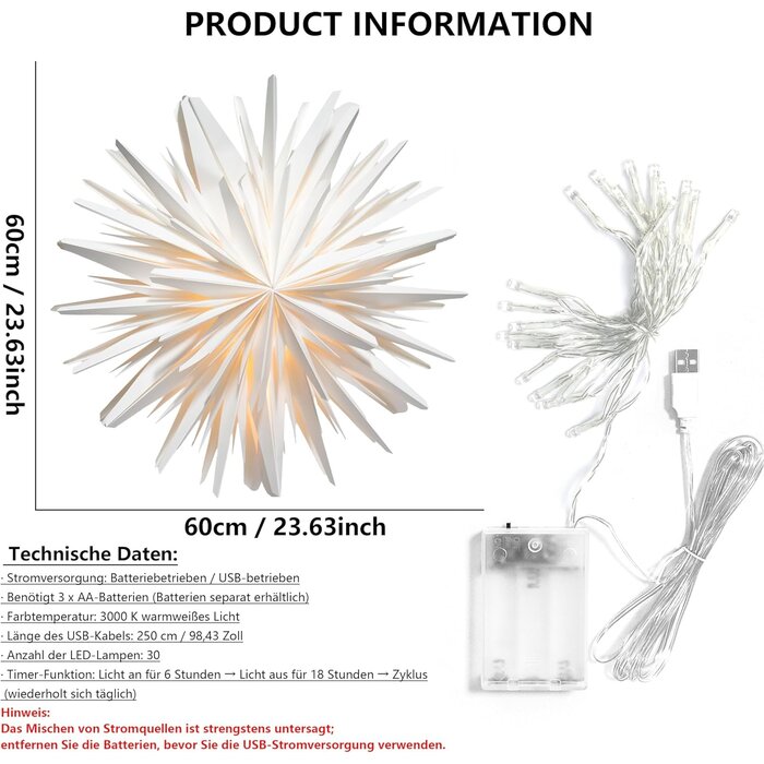 Étoile de Noël Lumineuse, Étoile Papier 3D pour Fenêtre, Décoration Suspendue Intérieure, 60 cm Ø Blanc