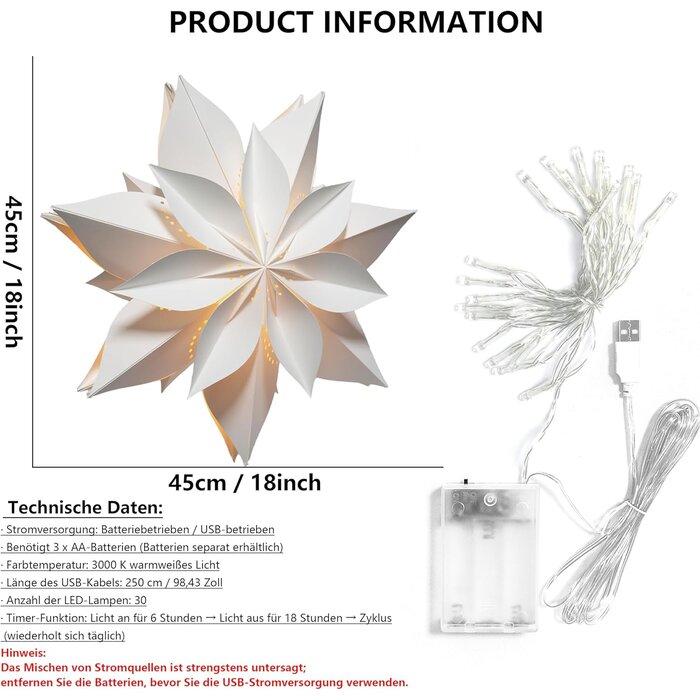 Étoile de Noël Lumineuse Blanche/Rouge en Papier, 45 cm