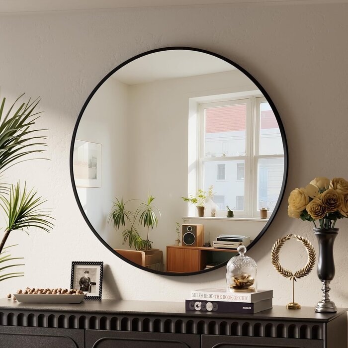 Miroir Rond Noir 46cm, Miroir de Sécurité avec Cadre en Aluminium