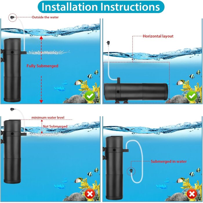 Filtre interne pour aquarium 50-200L, 12W, 800L/H, double sortie et air, réglable