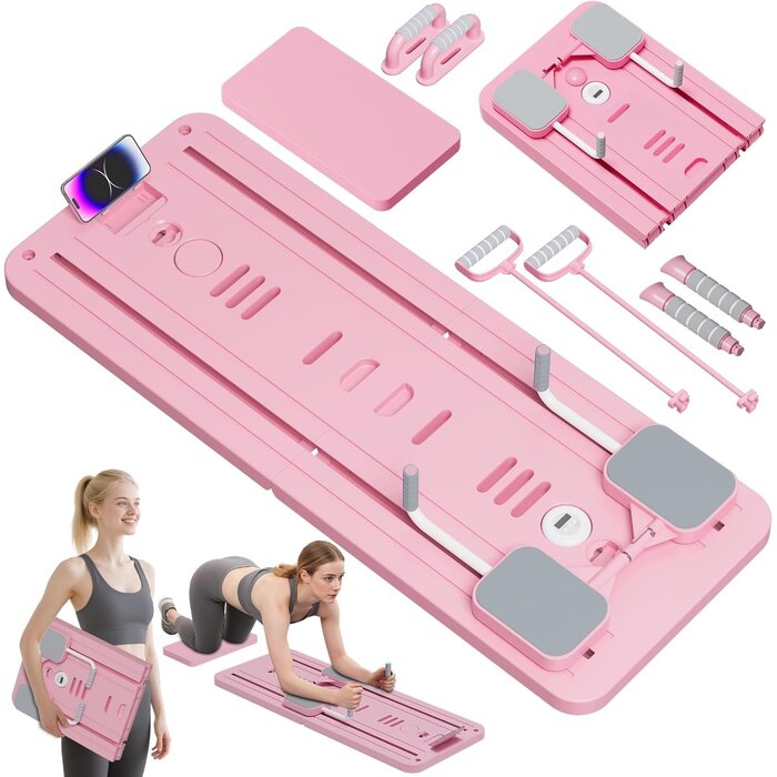 Planche Pilates Pliable Multifonction Rose - Rouleau Abdominal, Support Coude, Bande Résistance