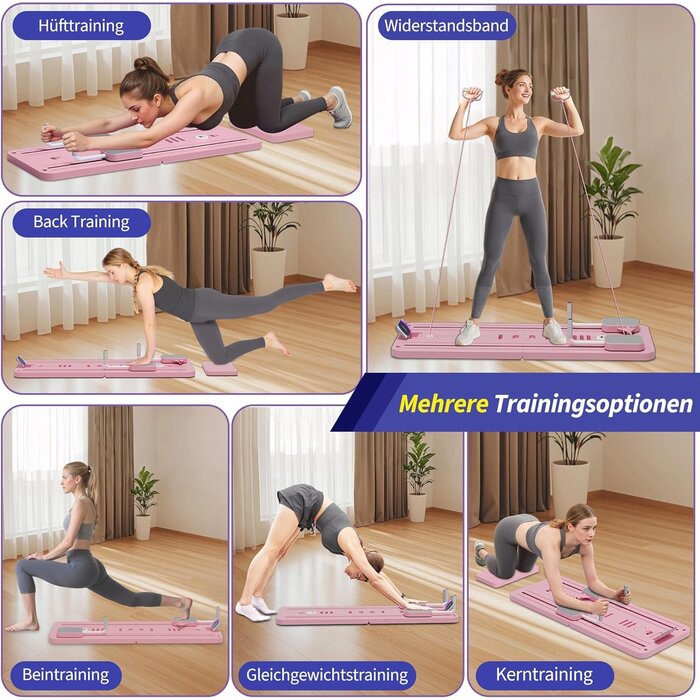 Planche Pilates Pliable Multifonction Rose - Rouleau Abdominal, Support Coude, Bande Résistance