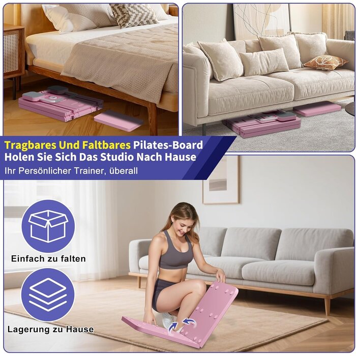 Planche Pilates Pliable Multifonction Rose - Rouleau Abdominal, Support Coude, Bande Résistance