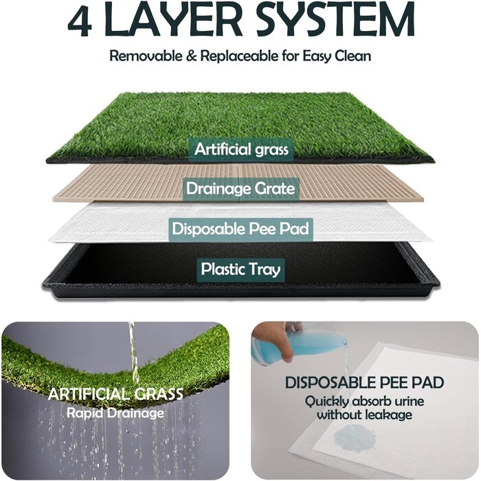 Tapis d'herbe artificielle pour chien, grand format 85 x 59 cm, 2 tapis de remplacement avec bac