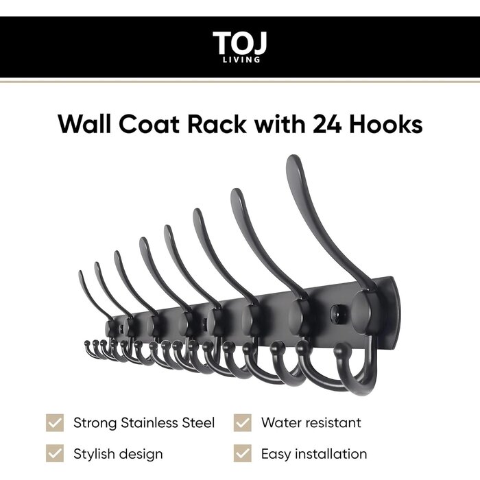Porte-manteau mural avec 24 crochets - Acier inoxydable, Noir mat, 75 cm