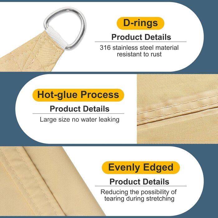 Toile d'ombrage rectangulaire 4x5m Polyester Imperméable Protection Vent & UV, Couleur Sable