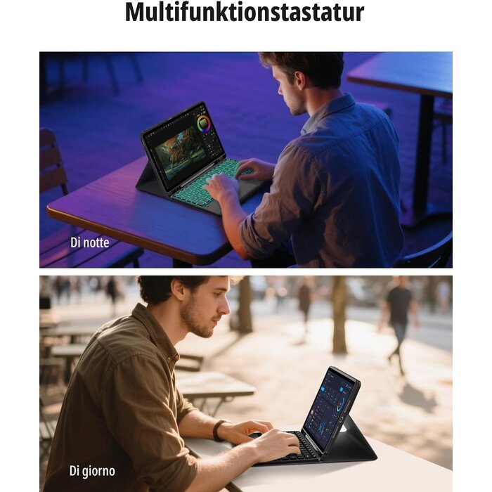 Étui Clavier détachable sans fil QWERTZ avec Touchpad pour Tablette 11 pouces (Lenovo IdeaTab 2025 TB-336ZU/FU), Rétroéclairage 7 couleurs, Noir