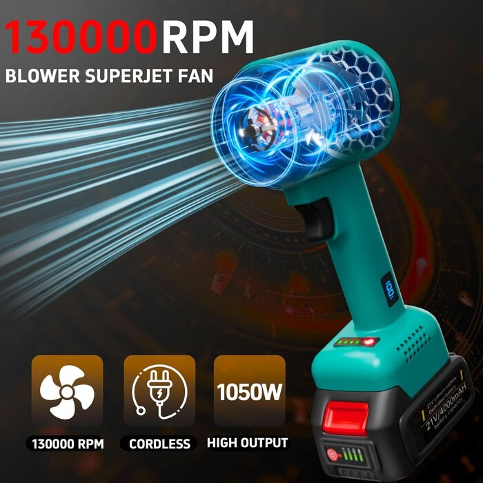 Souffleur de feuilles sans fil, haute puissance 1050W, 130 000 tr/min, ventilateur turbo, idéal jardin & voiture, bleu