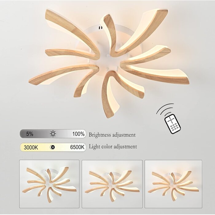 Plafonnier LED Bois Dimmable, Forme Fleur, Salon/Chambre, 3850lm, 3000-6000K, 70x70cm