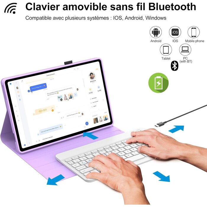Coque Clavier Bluetooth AZERTY Rétroéclairée 11 Pouces Lilas - Pour Tablette