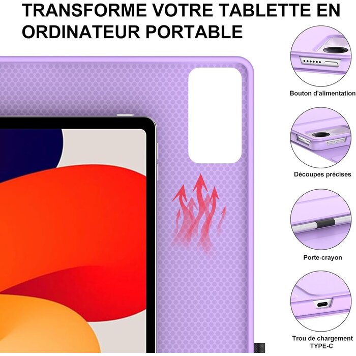 Coque Clavier Bluetooth AZERTY Rétroéclairée 11 Pouces Lilas - Pour Tablette