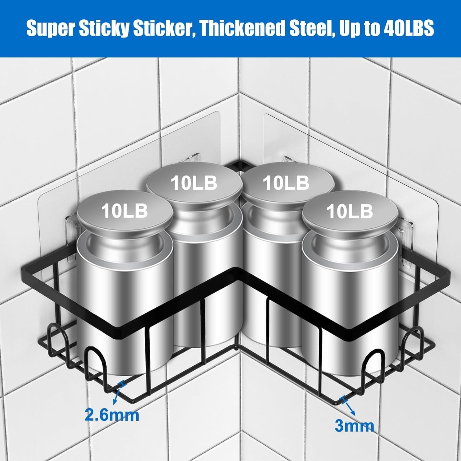 Lot de 3 Étagères d'Angle Adhésives Noires pour Douche | Jusqu'à -30%