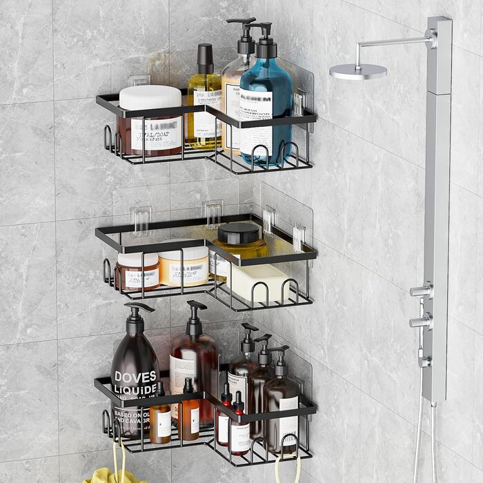 Étagère d'angle adhésive pour douche, lot de 3, noire. Rangement salle de bain sans perçage. Organiseur de douche, porte-shampoing.