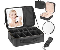 Grande Trousse de Maquillage Yokilly avec Miroir, Lumière et Sangle - Organizer de Voyage Multifonctionnel en PU Cuir - Noir