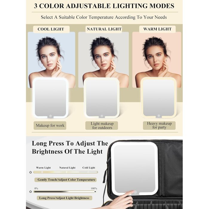 Grande Trousse de Maquillage Yokilly avec Miroir, Lumière et Sangle - Organizer de Voyage Multifonctionnel en PU Cuir - Noir