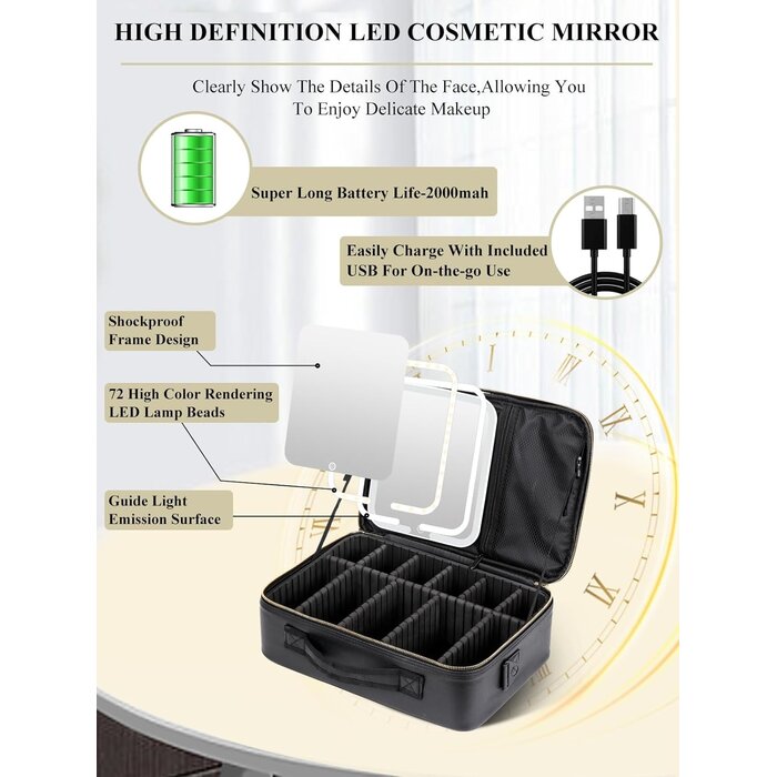 Grande Trousse de Maquillage Yokilly avec Miroir, Lumière et Sangle - Organizer de Voyage Multifonctionnel en PU Cuir - Noir