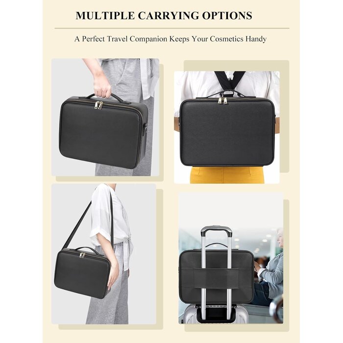 Grande Trousse de Maquillage Yokilly avec Miroir, Lumière et Sangle - Organizer de Voyage Multifonctionnel en PU Cuir - Noir