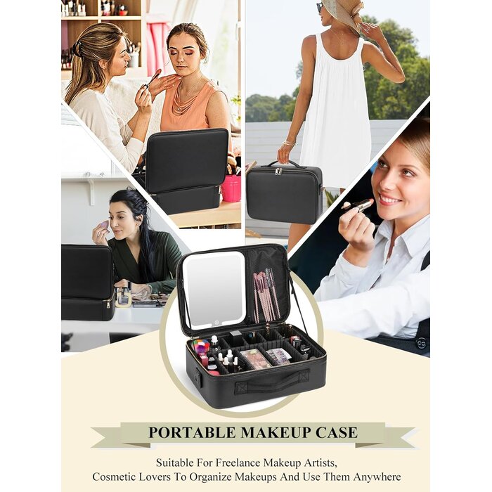 Grande Trousse de Maquillage Yokilly avec Miroir, Lumière et Sangle - Organizer de Voyage Multifonctionnel en PU Cuir - Noir
