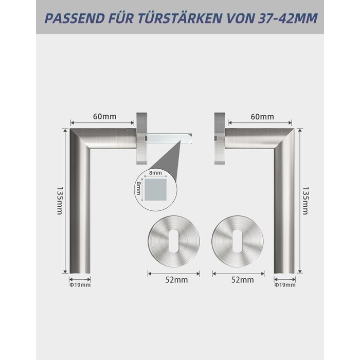 Ensemble Poignées de Porte Intérieure Acier Inoxydable Toilette L-Shape Serrure à Barillet Profilé Argenté
