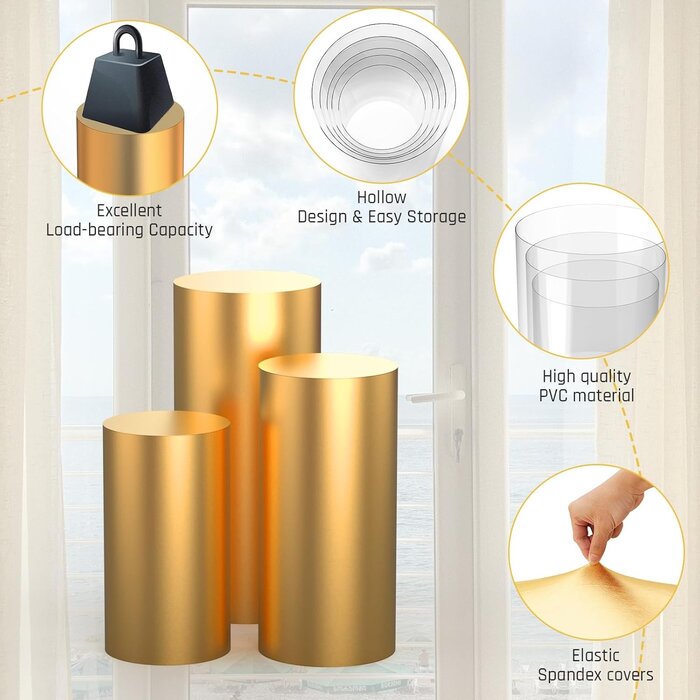 Lot de 3 Présentoirs Cylindriques PVC Dorés pour Événements - Jusqu'à -30%