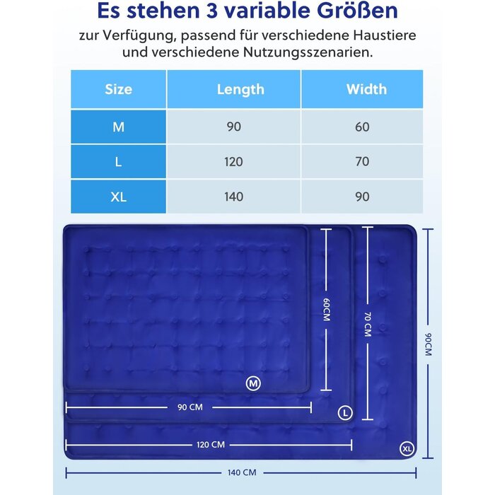 Tapis rafraîchissant pour chien et animaux de compagnie, 70x120cm, Bleu Marine, XL