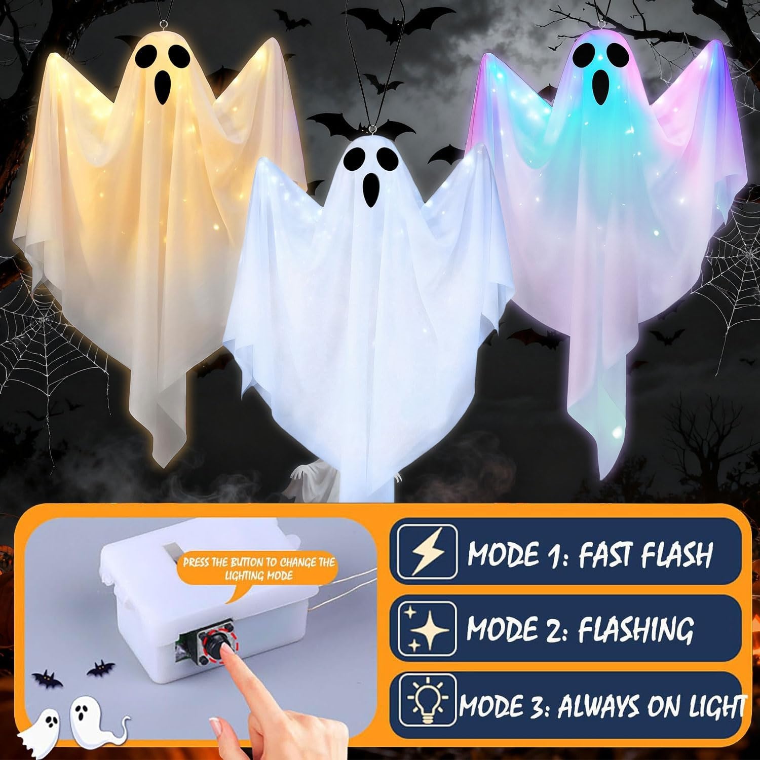 Lot de 3 Fantômes LED Suspendus Halloween - Effet Volant - Jusqu'à 30% de Réduction !