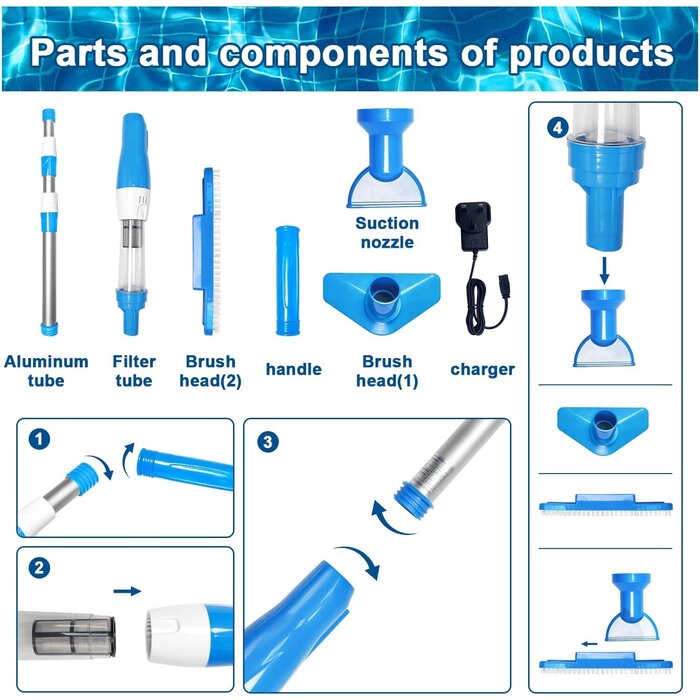 Aspirateur de Piscine Sans Fil, Nettoyeur Sans Fil 3-en-1, avec Manche Télescopique, Manuel pour Petits Bassins, Spas, Jacuzzis, Autonomie 90 Min, Bleu