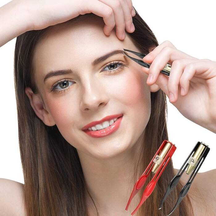 2 Pinces à Épiler LED Illuminées Acier Inoxydable Noir & Rouge - Outil de Précision pour Sourcils et Épilation