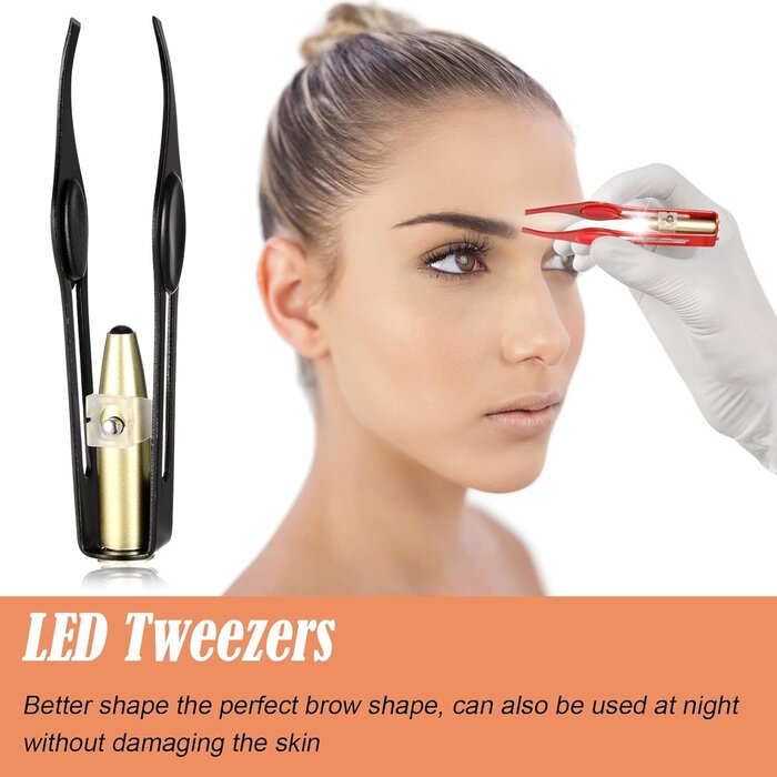 2 Pinces à Épiler LED Illuminées Acier Inoxydable Noir & Rouge - Outil de Précision pour Sourcils et Épilation