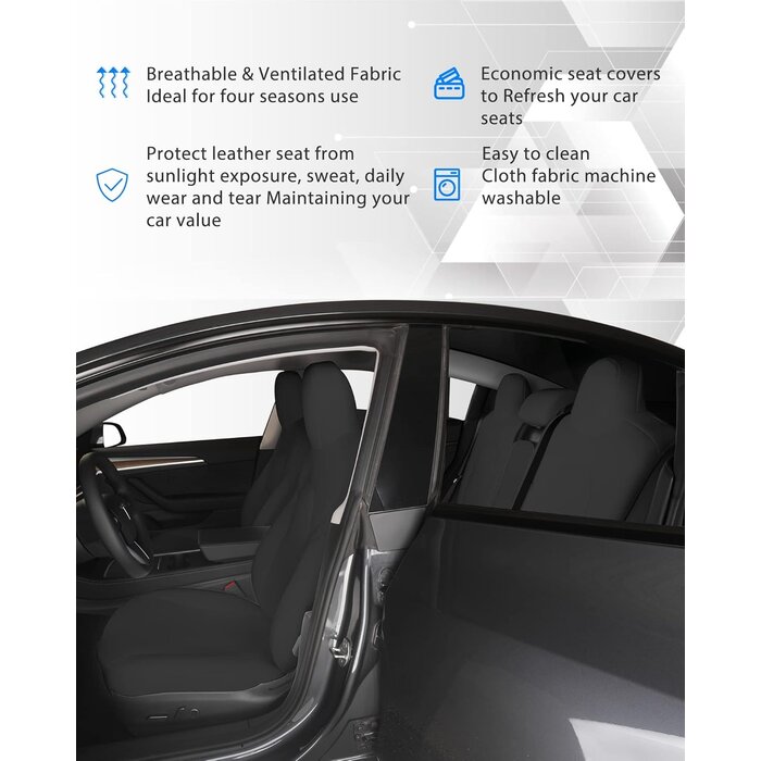 Ensemble Complet de Housses de Siège Auto en Tissu Noir pour Tesla Model 3 (2017-2023) - Ajustement Parfait
