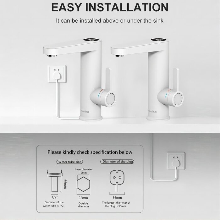 Robinet Chauffe-eau Instantané Électrique pour Salle de Bain - Affichage Numérique Blanc