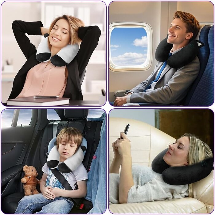 Oreiller de voyage en mousse à mémoire de forme U pour enfants et adultes - Support tête - Motif panda blanc