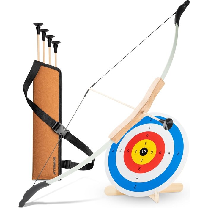 Arc et flèches pour enfants en bois avec 4 flèches à ventouse, cible en bois et carquois - Jeu d'archerie pour 5 ans et plus, intérieur/extérieur, droitier/gaucher