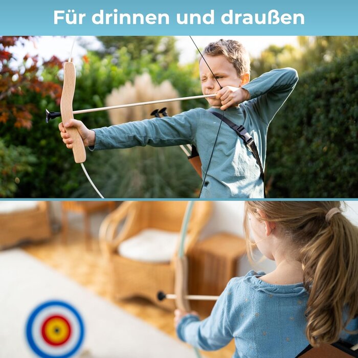 Arc et flèches pour enfants en bois avec 4 flèches à ventouse, cible en bois et carquois - Jeu d'archerie pour 5 ans et plus, intérieur/extérieur, droitier/gaucher