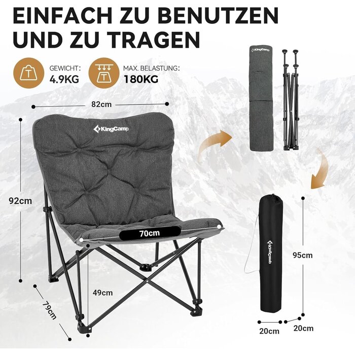 Fauteuil de camping KingCamp XXL rembourré, dossier haut, pliable, léger, avec sac, pour jardin, balcon, plage, extérieur