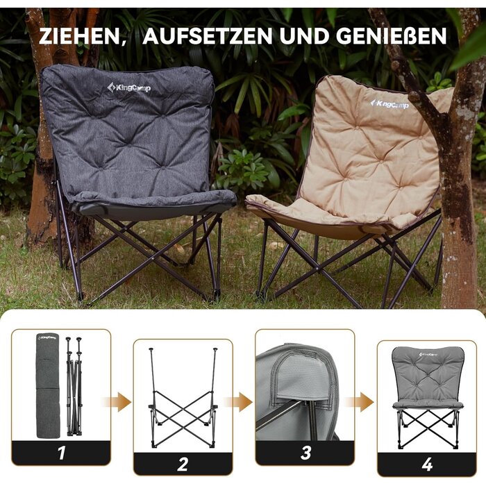 Fauteuil de camping KingCamp XXL rembourré, dossier haut, pliable, léger, avec sac, pour jardin, balcon, plage, extérieur