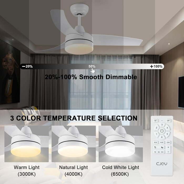 Ventilateur de Plafond Blanc 132cm avec Lumière Dimmable, Moteur DC Silencieux, 6 Vitesses, Minuterie et Télécommande