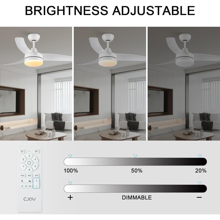 Ventilateur de Plafond Blanc 132cm avec Lumière Dimmable, Moteur DC Silencieux, 6 Vitesses, Minuterie et Télécommande