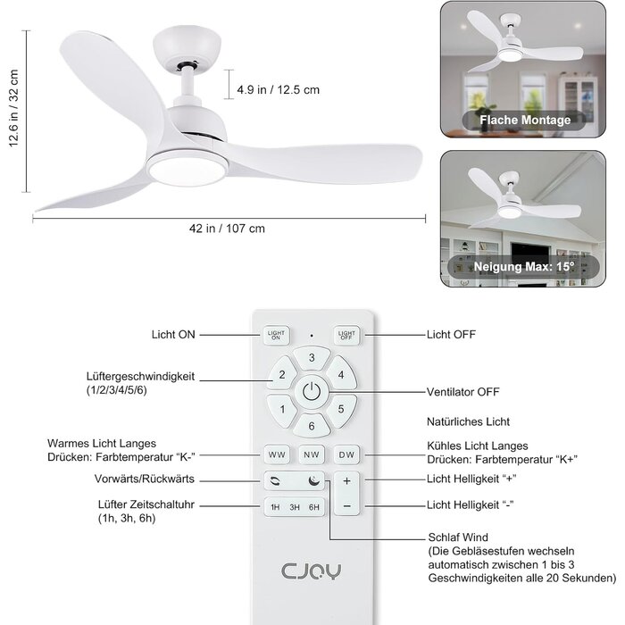 Ventilateur de plafond CJOY 107cm avec lumière LED, silencieux, 6 vitesses, 3 températures de couleur, télécommande, moteur DC réversible