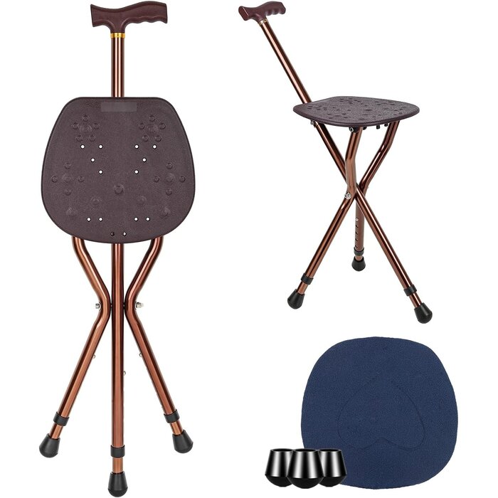 Béquille Pliante avec Siège en Aluminium - 120kg - Hauteur Réglable - Marron