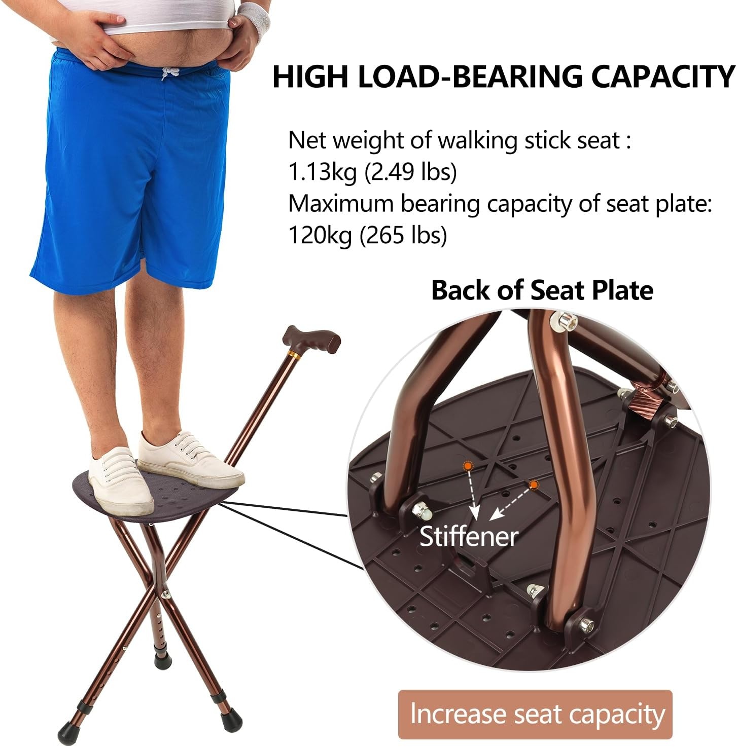 Béquille Pliante avec Siège en Aluminium - 120kg - Hauteur Réglable - Marron