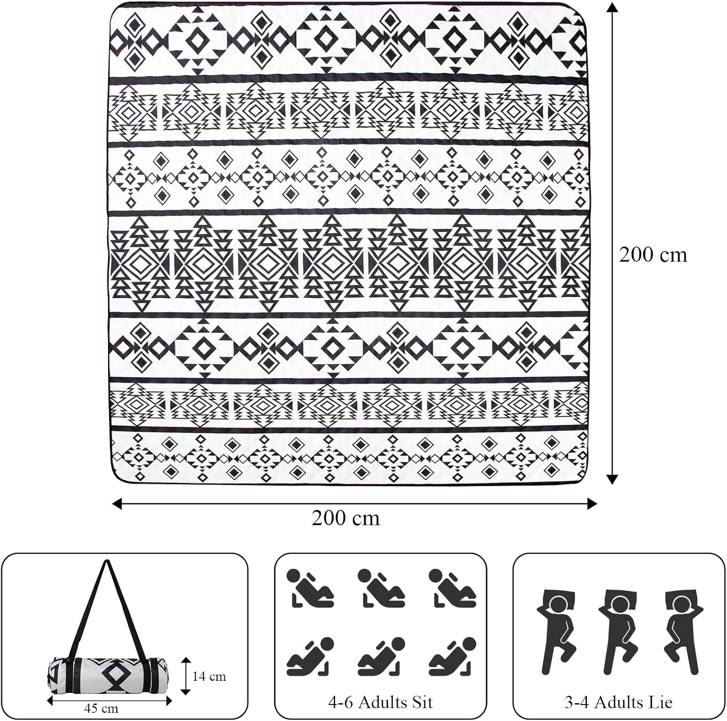 Couverture Pique-nique Imperméable 200x200cm Pliable Noir & Blanc, jusqu'à -30%